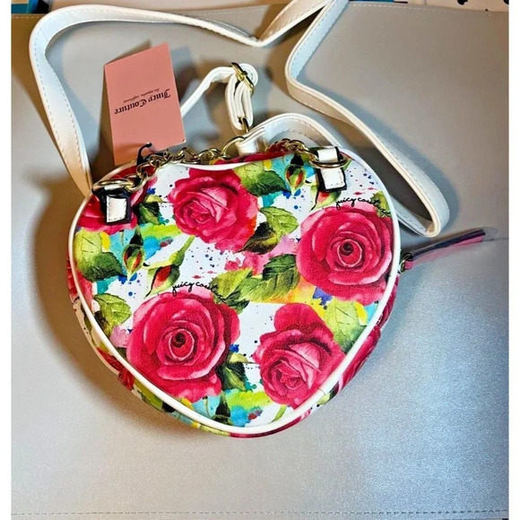 Juicy Couture Logo Floral Print Heart Shaped Faux Leather Zip Closure Crossbody - Picture 3 of 7